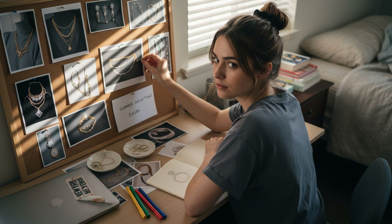Woman creating jewelry mood board at desk