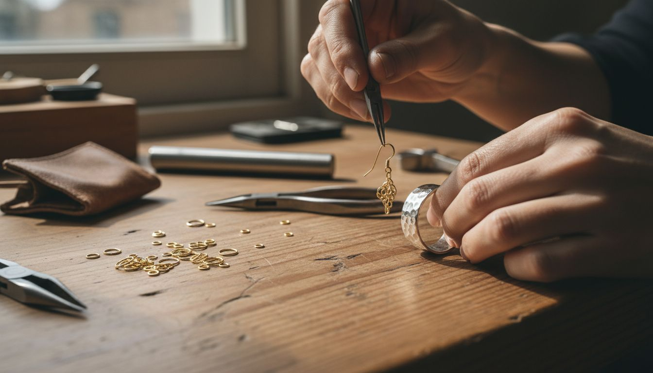 Jeweler assembles earrings and ring on work table