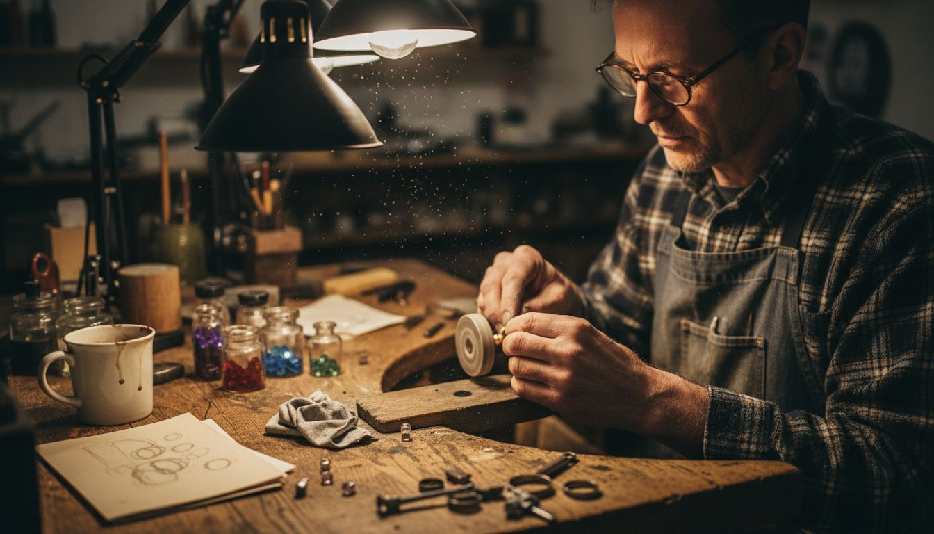 Jewelry artisan polishing gold ring at workbench