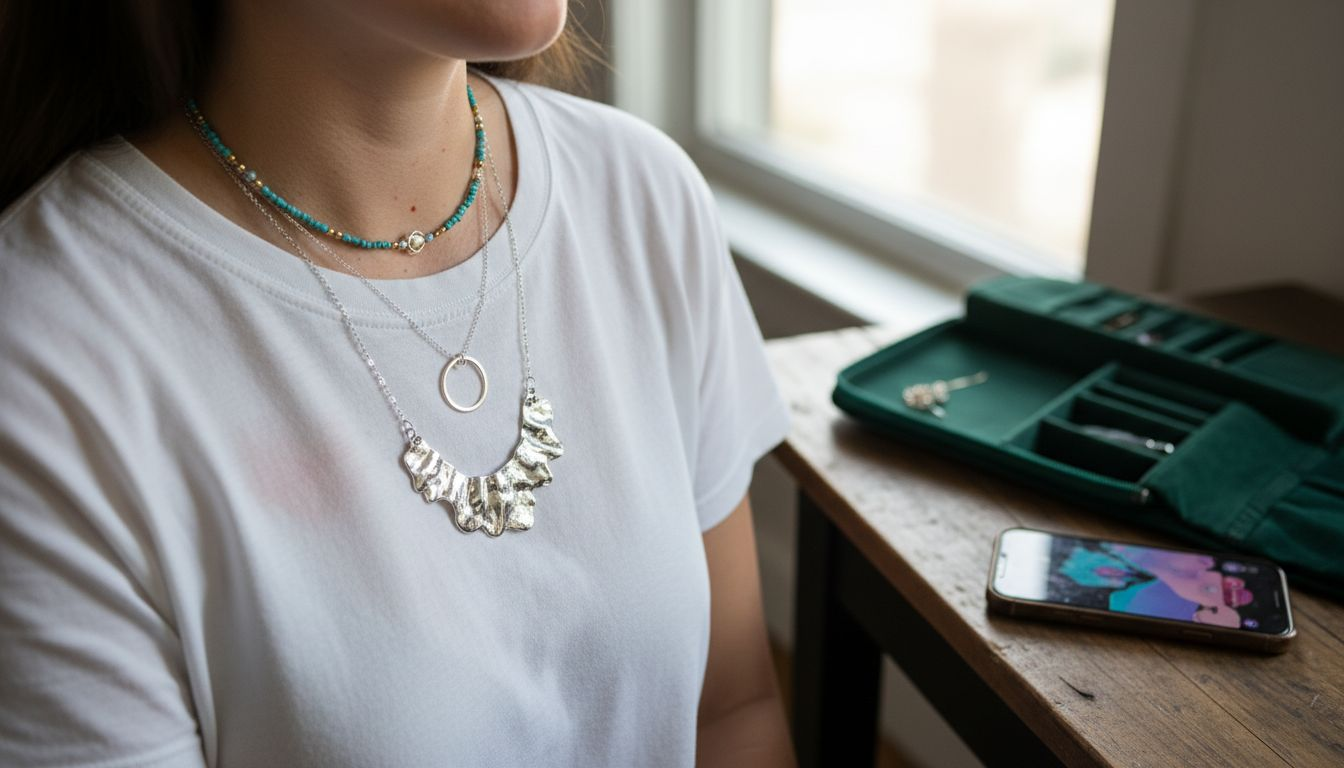 Close-up of three layered necklaces on woman