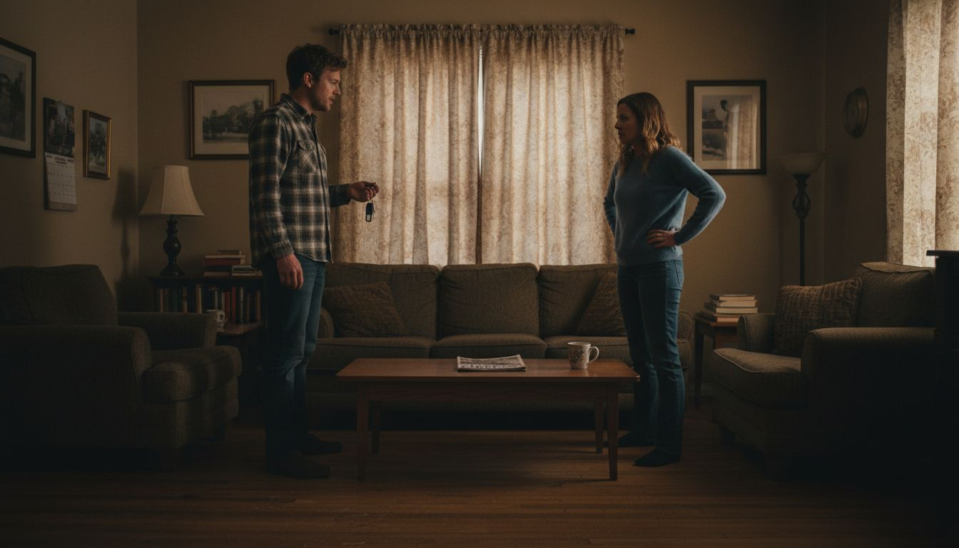 Couple arguing in a modest living room