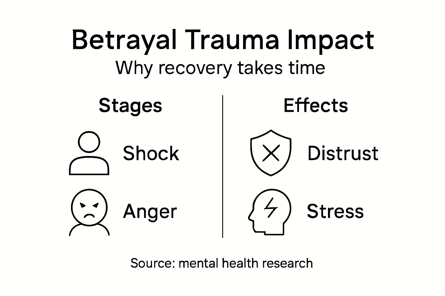 Why Healing Takes Time After Betrayal Trauma 1 Infographic with betrayal trauma stages and effects