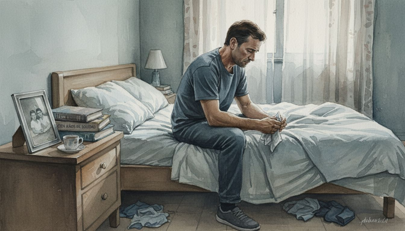Un hombre cabizbajo y abatido, sentado en el borde de su cama, perdido en sus pensamientos.