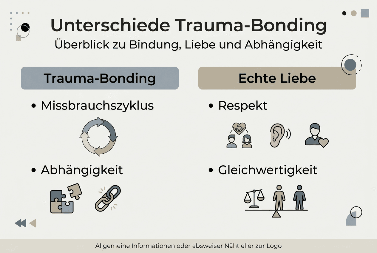 Diese Infografik veranschaulicht die wesentlichen Unterschiede zwischen echter Liebe und einer Bindung durch Traumata.