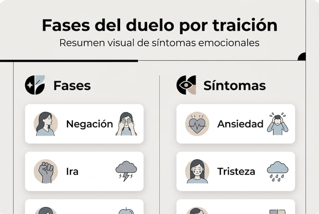 Infografía: etapas y señales emocionales del duelo tras una traición