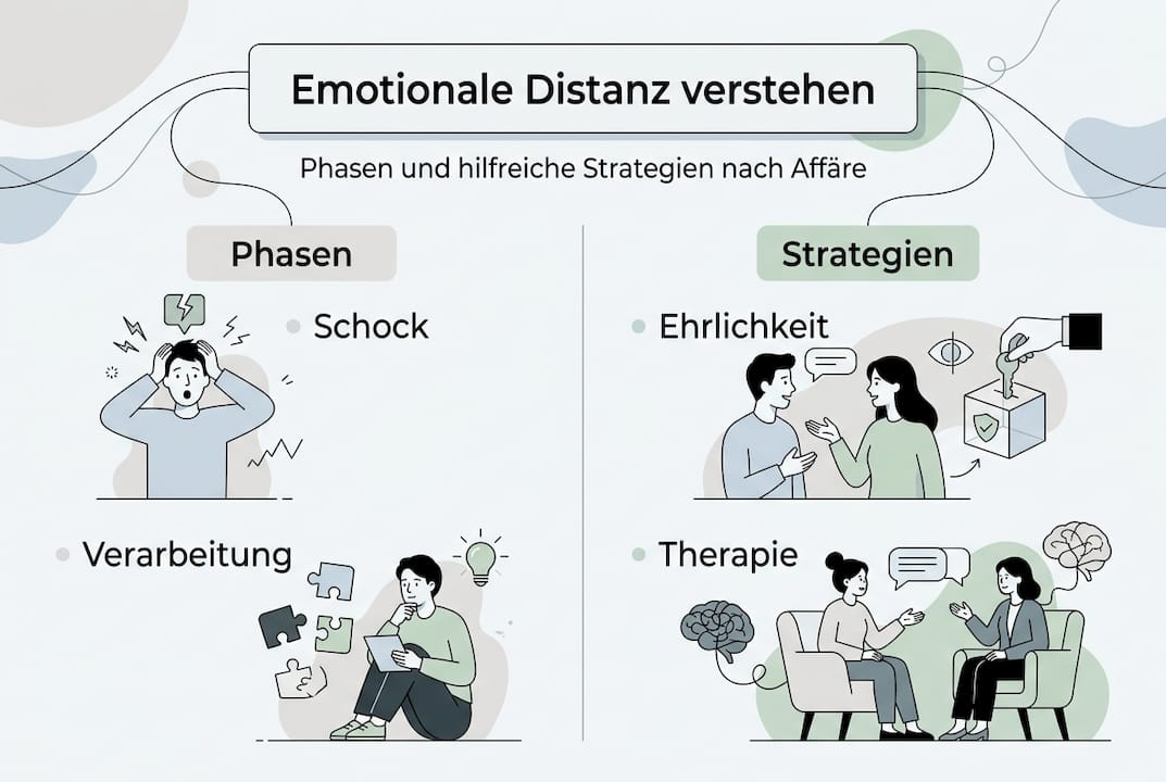 Infografik: Phasen emotionaler Distanz und bewährte Strategien zum Umgang damit