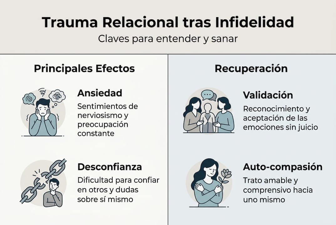 Infografía sobre cómo afecta el trauma en las relaciones y consejos para empezar a sanar