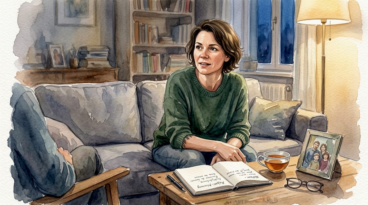 Eine Frau führt ein offenes Gespräch am Wohnzimmertisch.