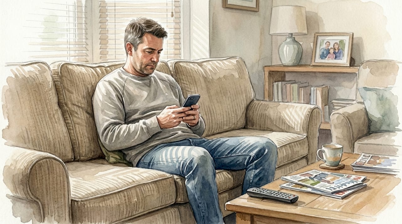 Man messaging friend for support on couch