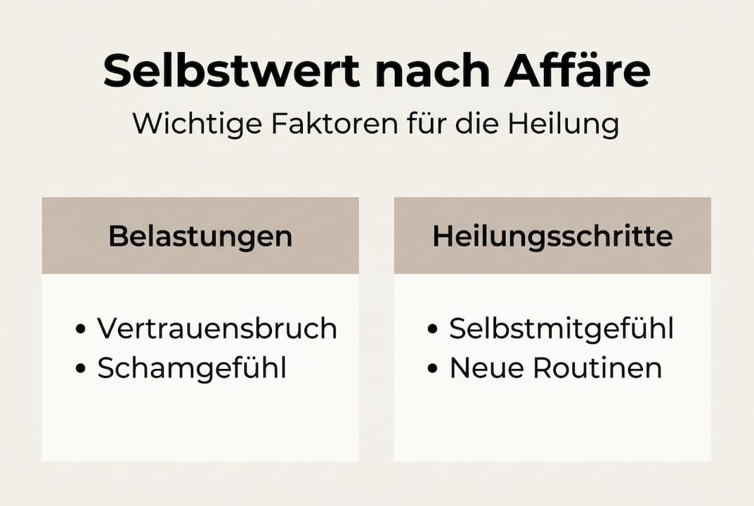 Infografik: Wichtige Einflussfaktoren und Schritte zur Stärkung des Selbstwertgefühls nach einer Affäre