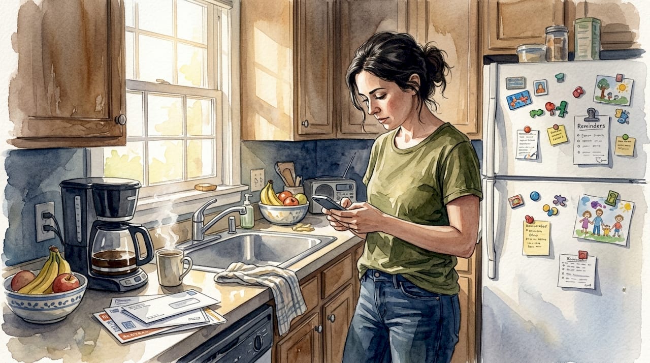 Woman writing phone notes in kitchen