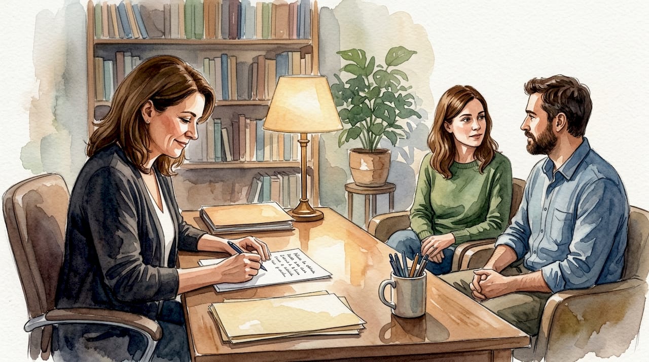 El terapeuta repasa junto a la pareja sus apuntes durante la sesión.