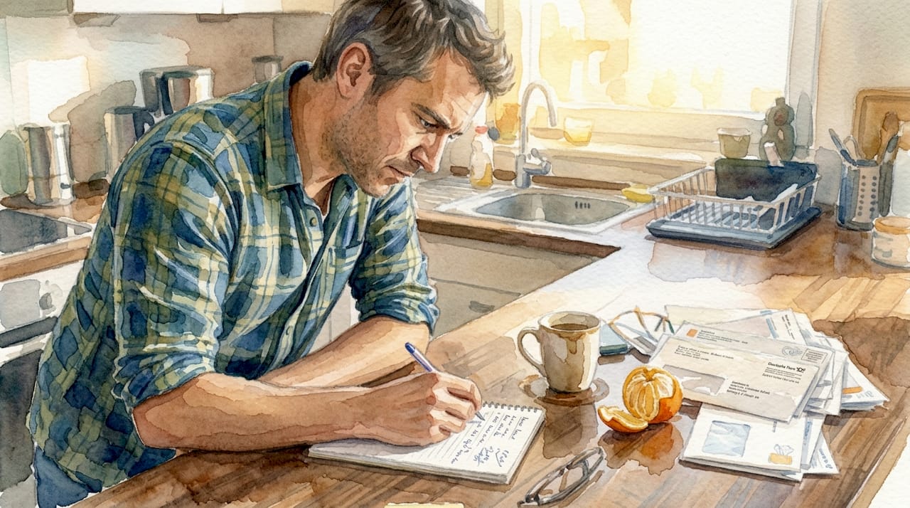 Ein Mann sitzt in der Küche und schreibt nachdenklich seine Gedanken auf.