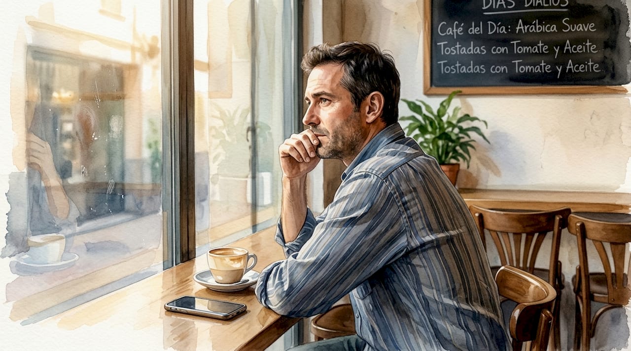 Un hombre sumido en sus pensamientos, sentado en un café lleno de luz.