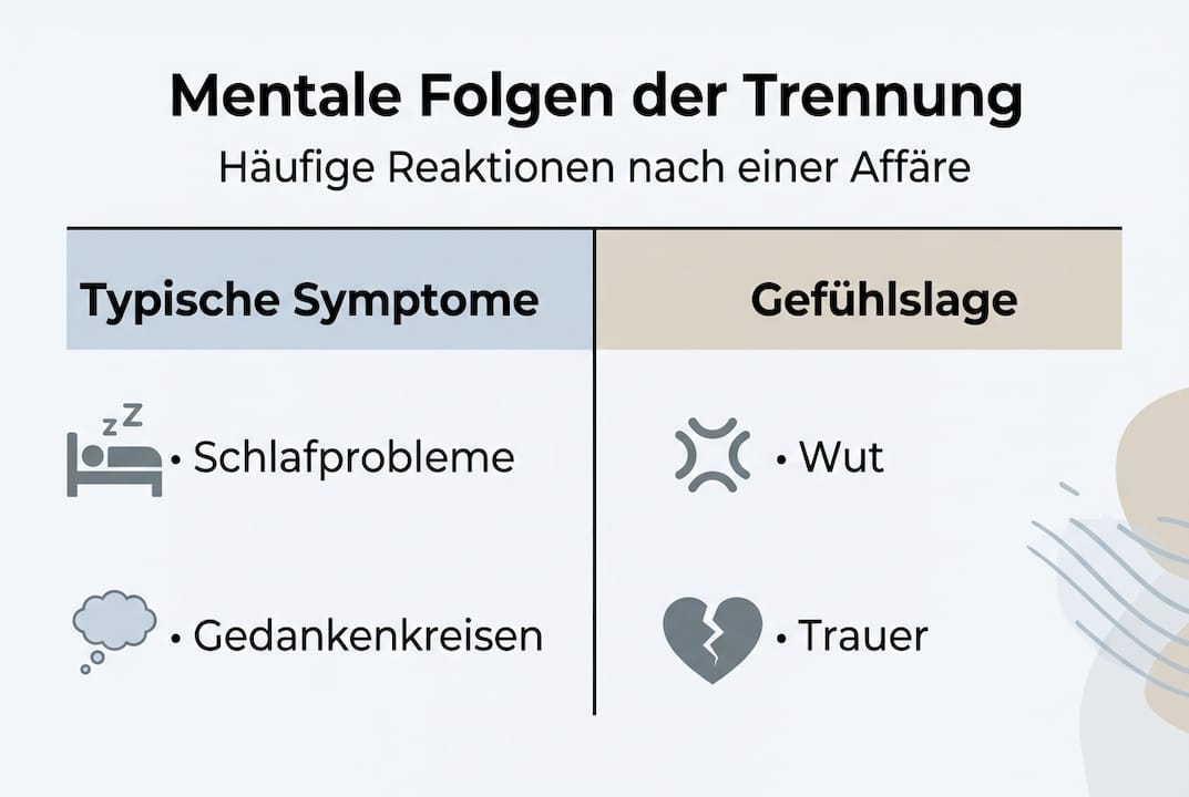 Die Infografik veranschaulicht, welche seelischen Auswirkungen eine Trennung nach einer Affäre haben kann.