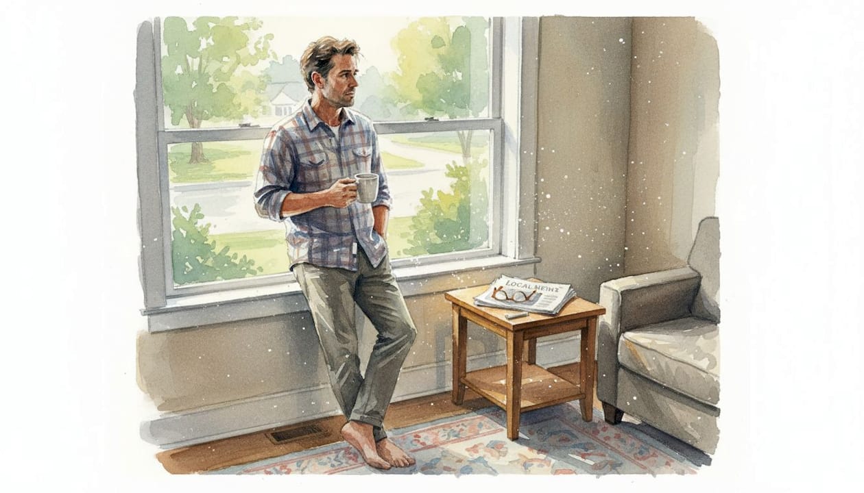 Man pausing by window with look of concern