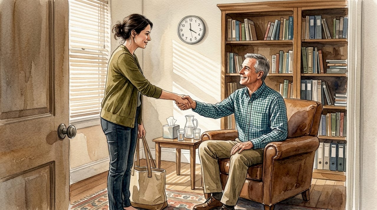 Client shaking therapist’s hand in cozy office