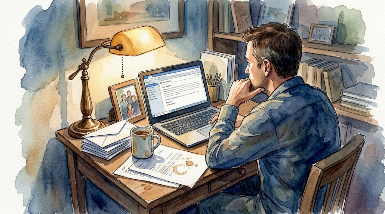 Ein Mann sitzt allein an seinem Schreibtisch zu Hause und denkt nach.