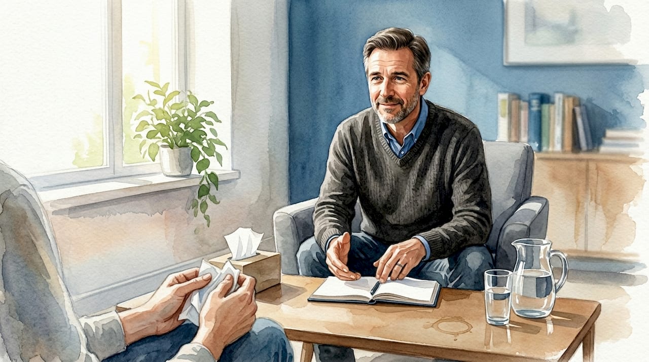 Terapeuta conversando con calidez durante una sesión en su consulta