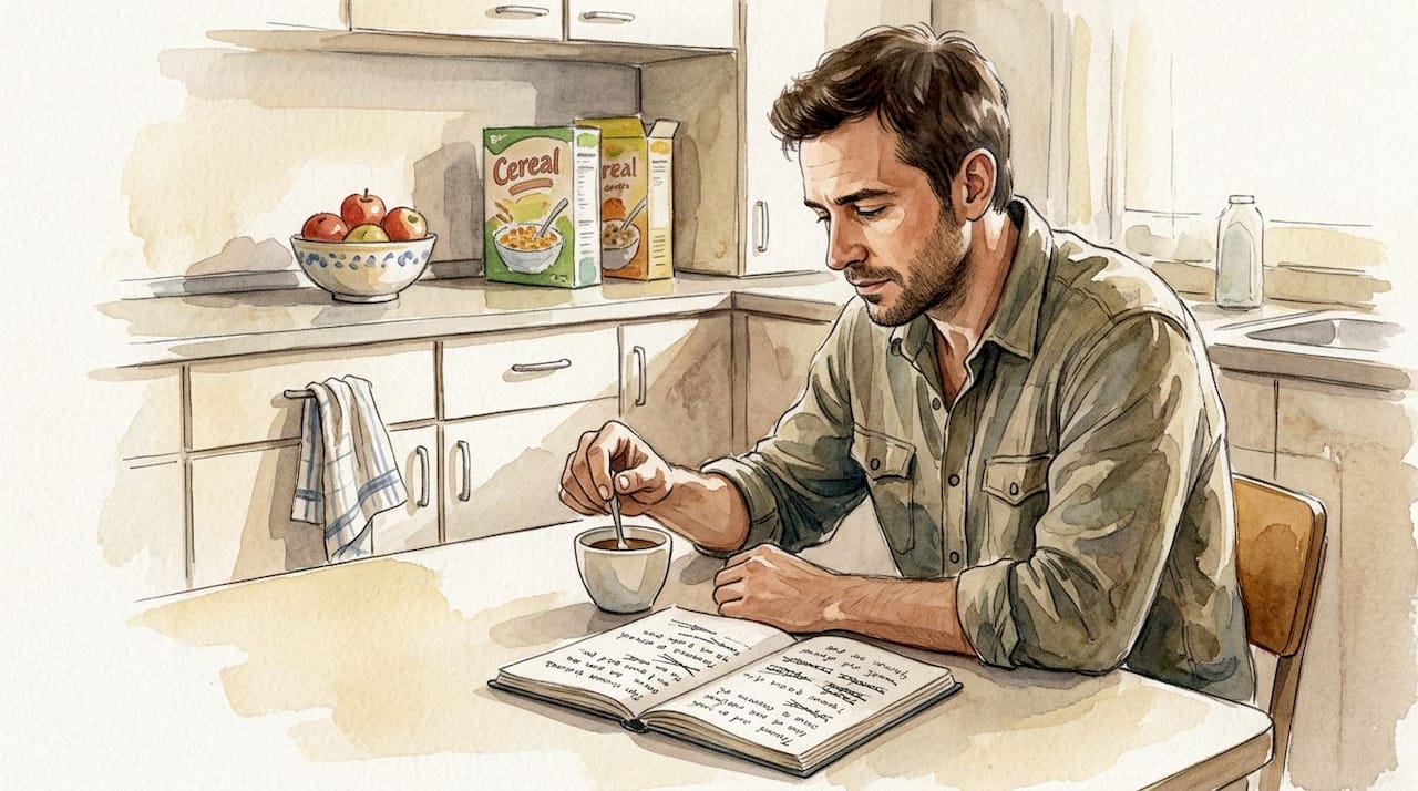 Hombre sentado en la mesa de la cocina, sumido en sus pensamientos.