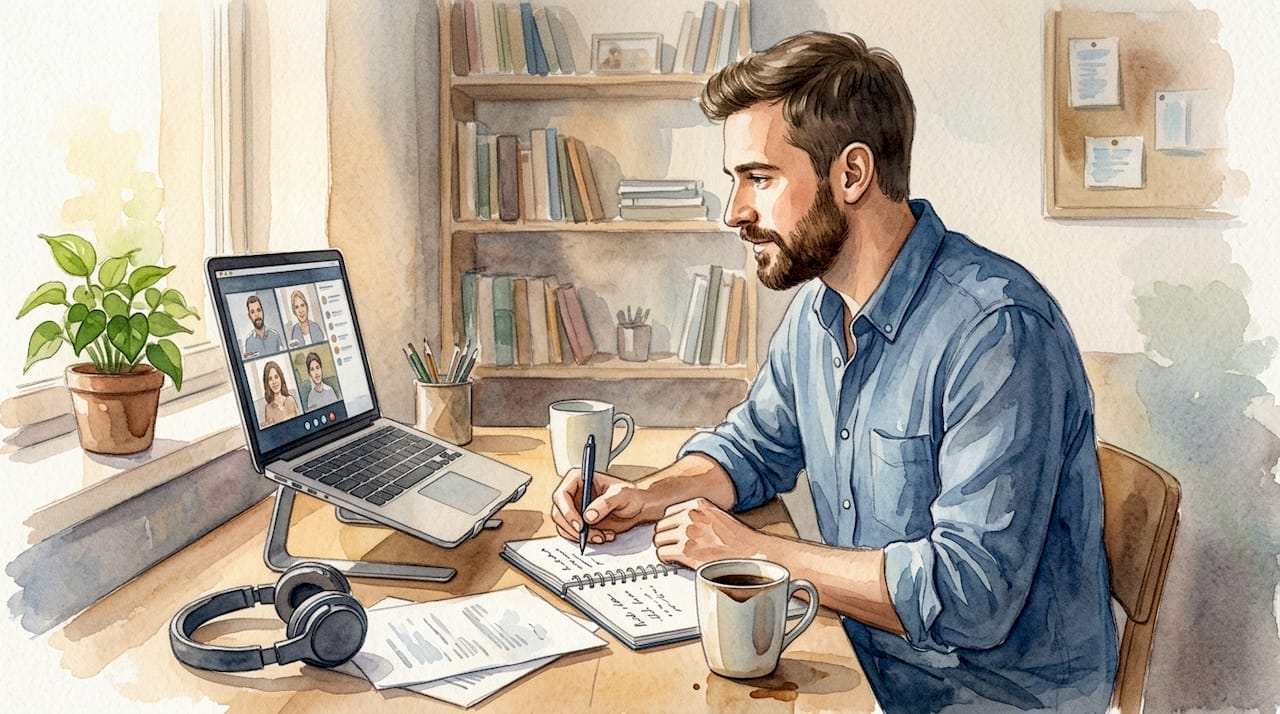 Un hombre apunta sus reflexiones durante una sesión de terapia en línea.
