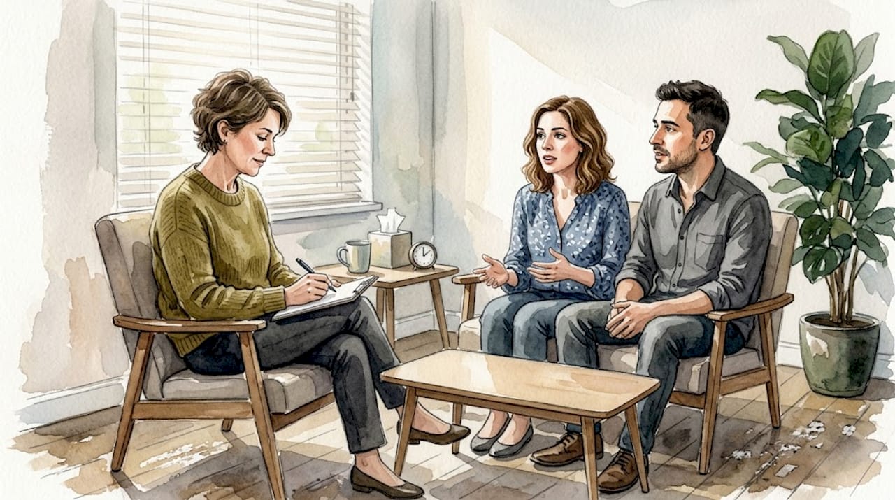 Un terapeuta toma apuntes mientras conversa con una pareja durante una sesión.