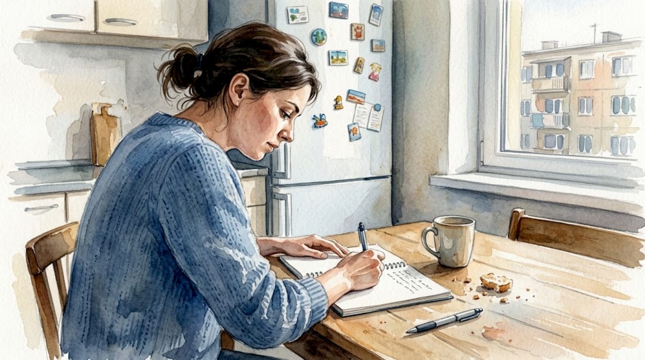 Una mujer se dedica a escribir en su diario mientras está sentada en la cocina, en un ambiente relajado y cotidiano.
