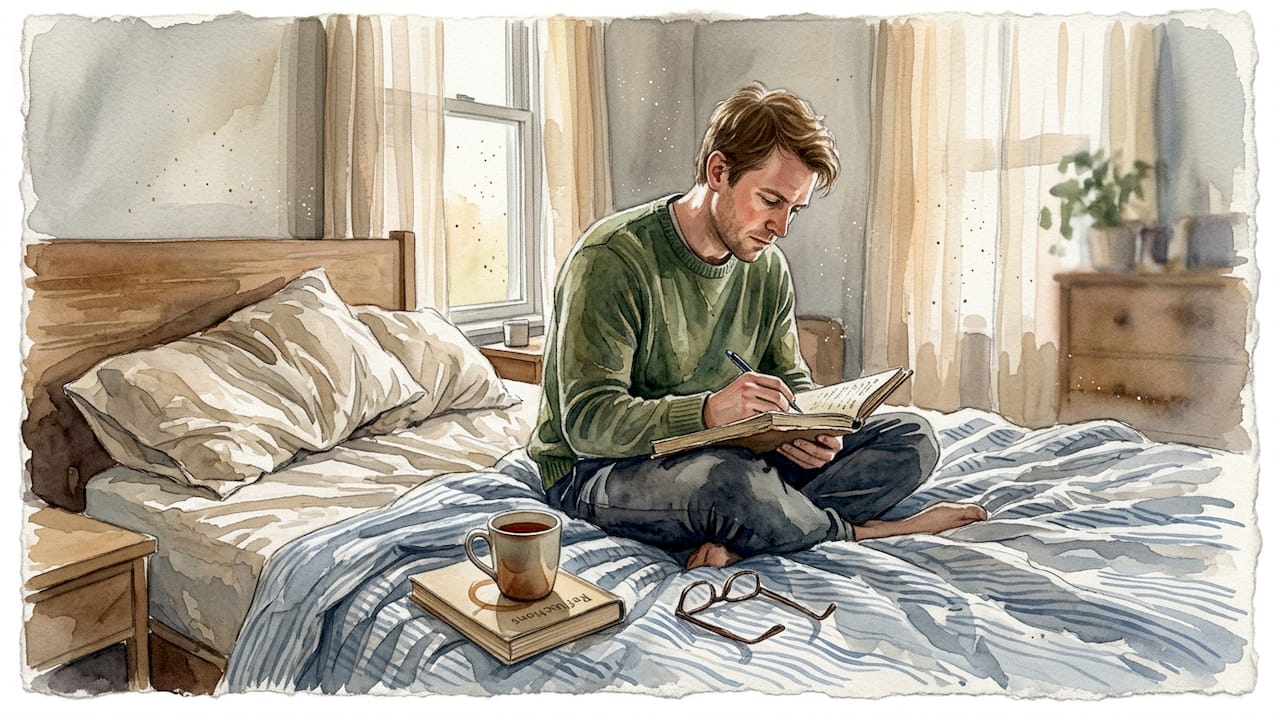 Man journaling by window in casual bedroom