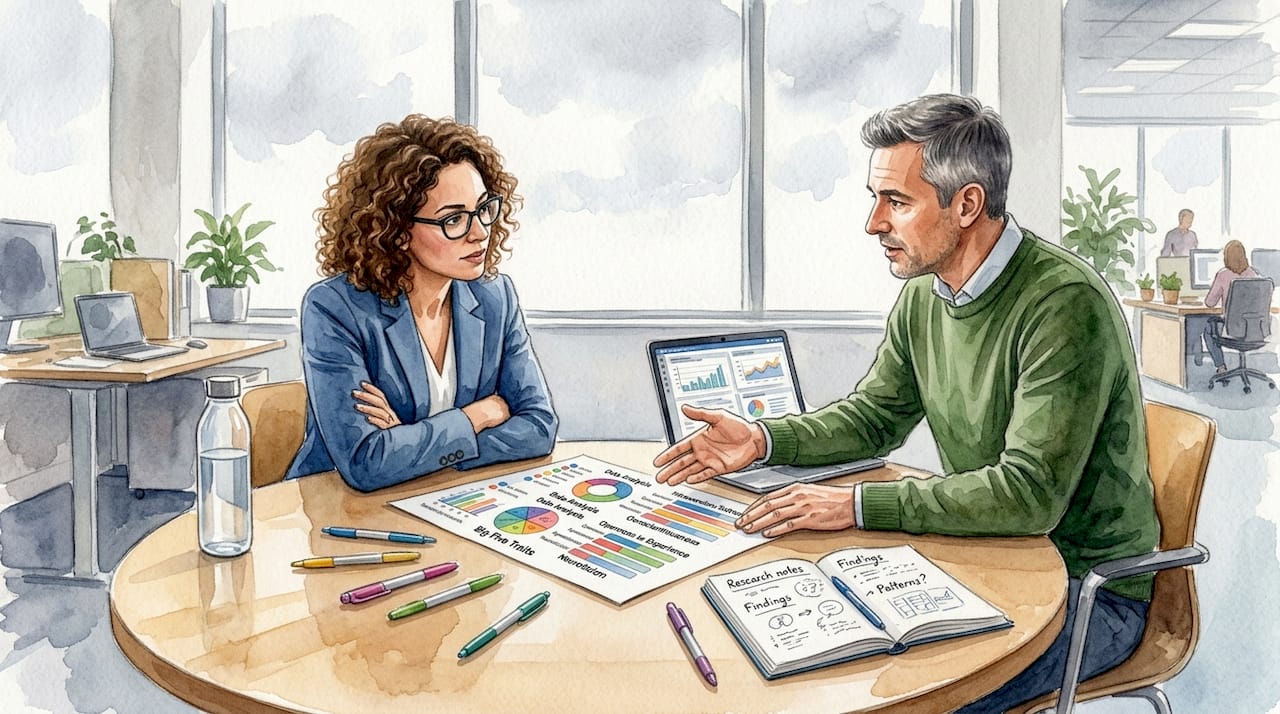 Colleagues discussing personality research chart