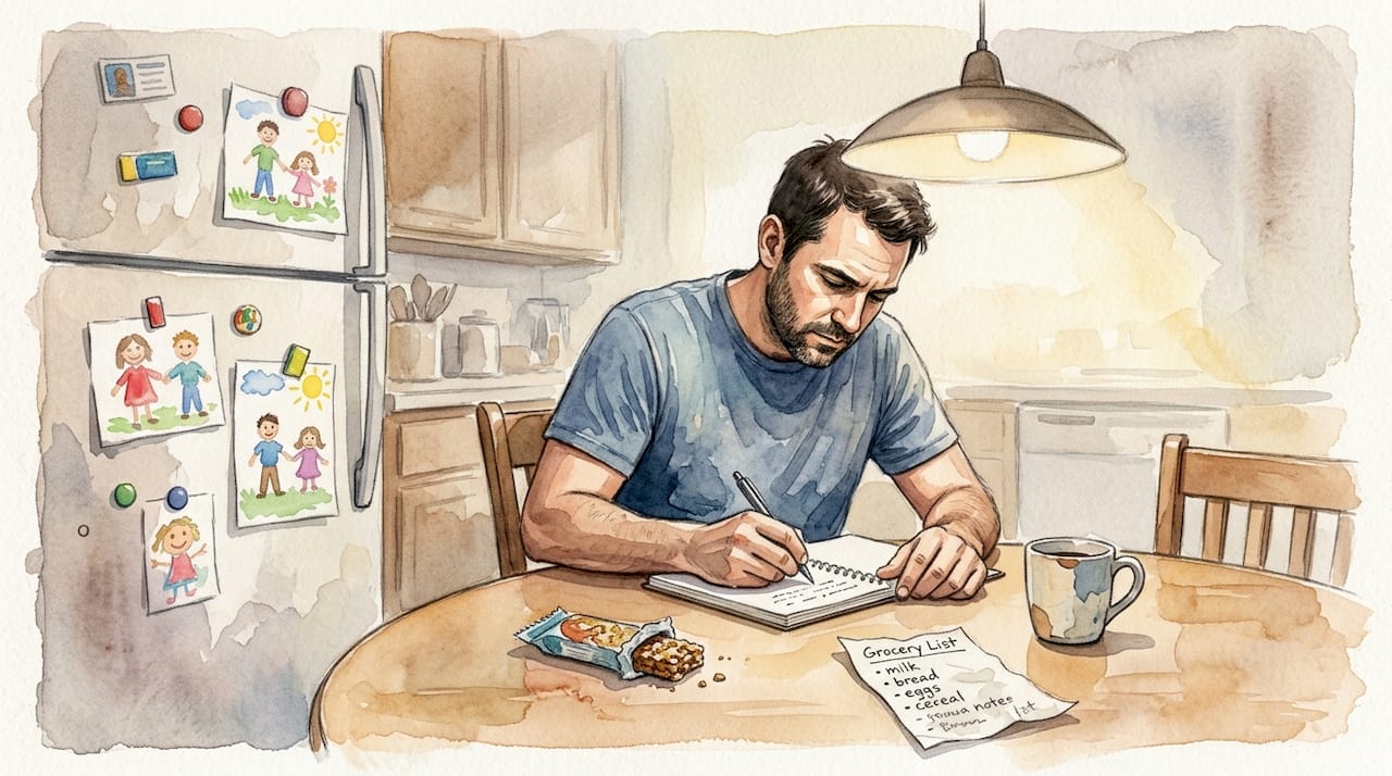 Man writing trust notes at kitchen table