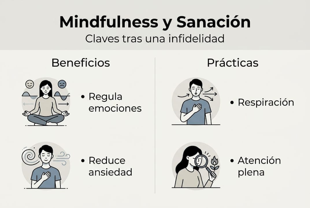 Infografía con puntos clave sobre cómo el mindfulness contribuye a la sanación