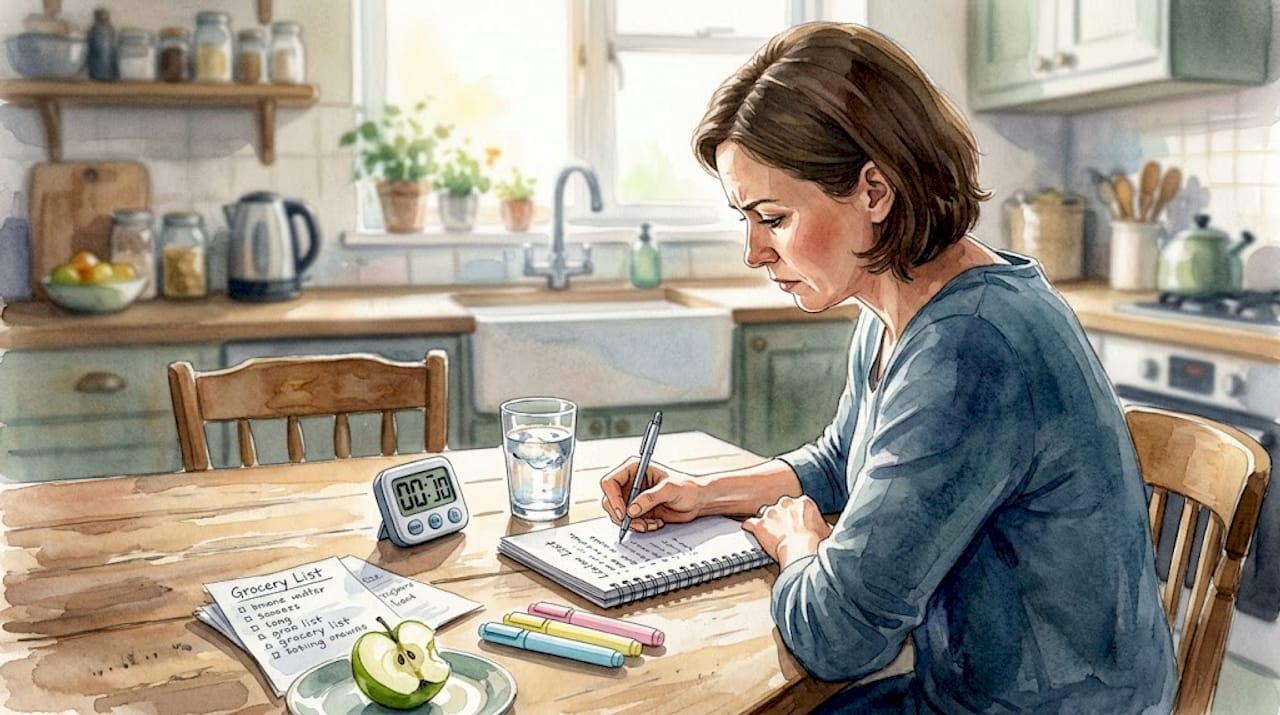 Una mujer revisa minuciosamente su lista de tareas sentada en la mesa de la cocina.