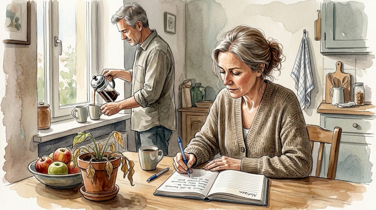 Während sie schreibt, macht ihr Partner Kaffee.