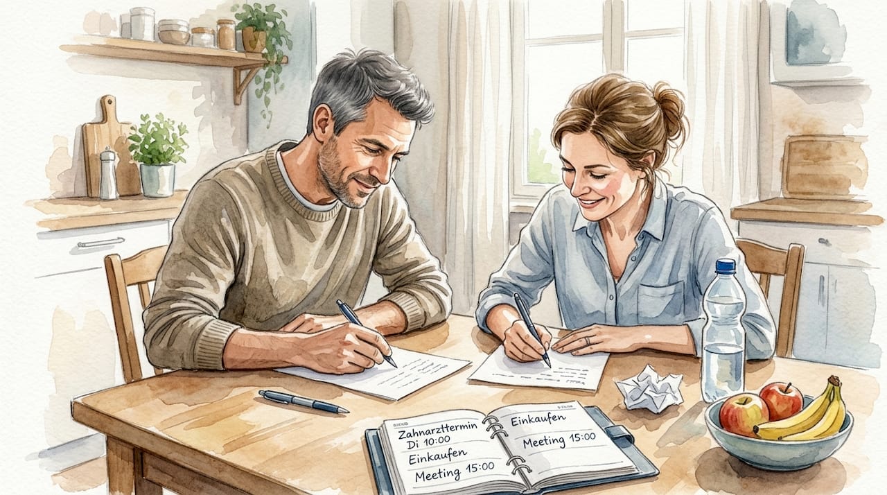 Ein Paar sitzt am Küchentisch und denkt gemeinsam über die letzten Therapieerfahrungen nach.