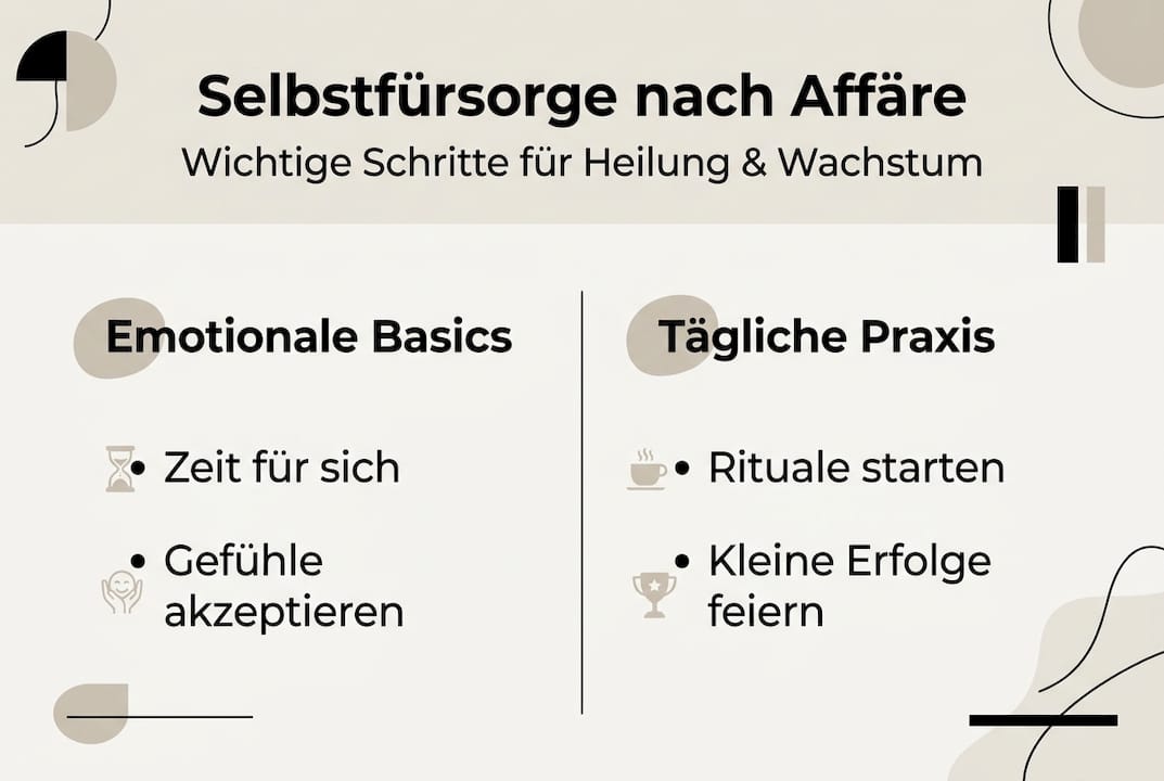 Diese Infografik veranschaulicht, wie man nach einer Affäre wieder zu mehr Selbstfürsorge findet.