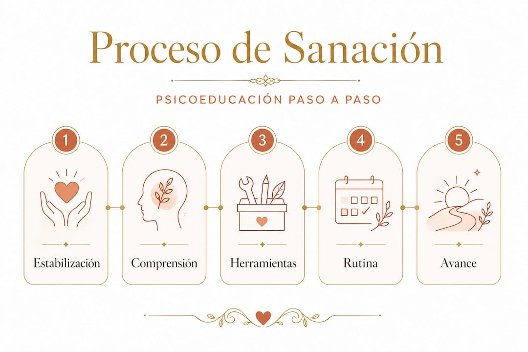 Infografía con los pasos clave para la recuperación a través de la psicoeducación