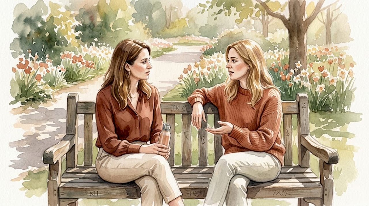 Friends talking supportively on park bench