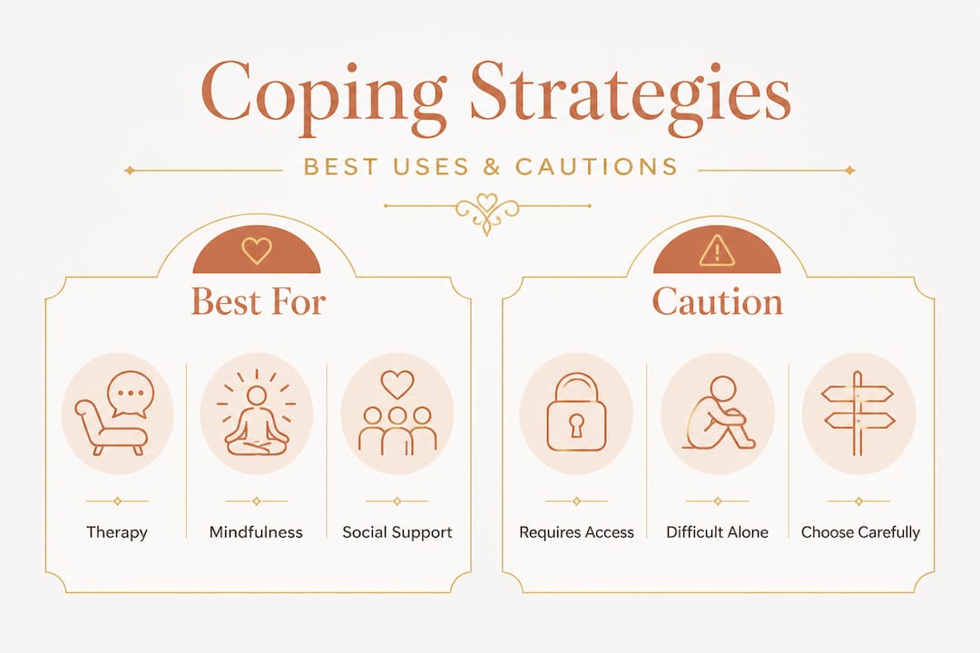 Infographic comparing coping strategies and cautions