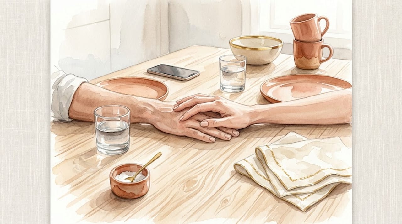 Una pareja se toma de las manos sobre la mesa