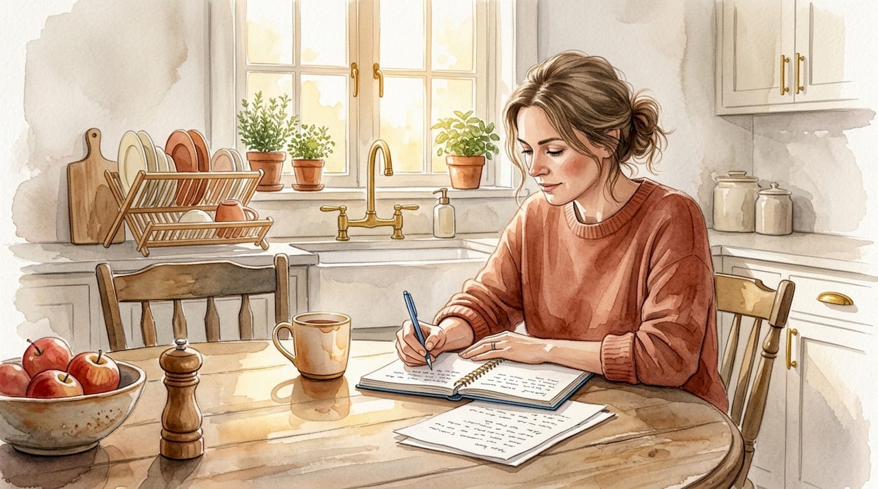 Woman journals alone at kitchen table