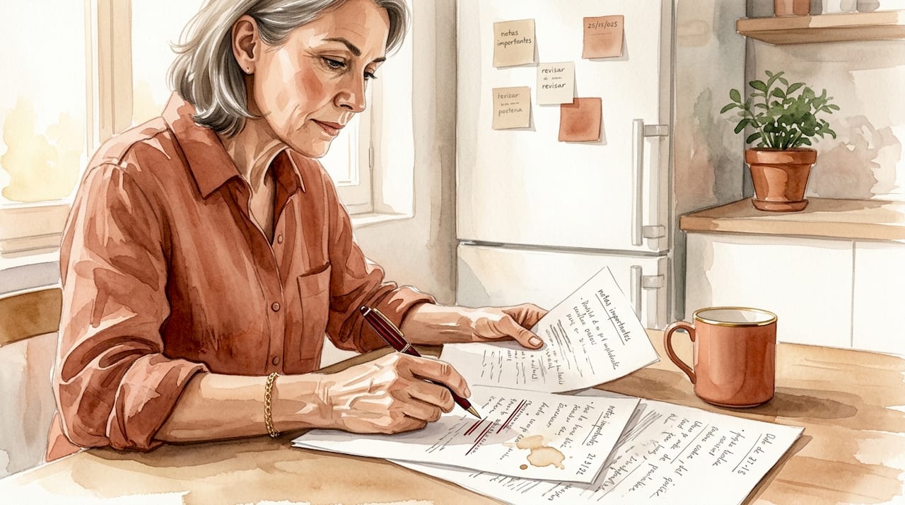 Una mujer pensando mientras revisa unas notas en la cocina