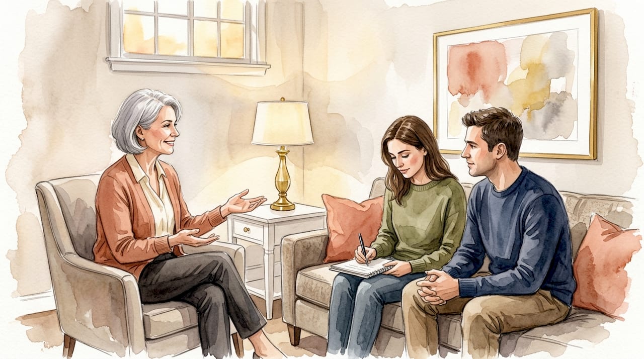 Therapist guides couple in counseling office