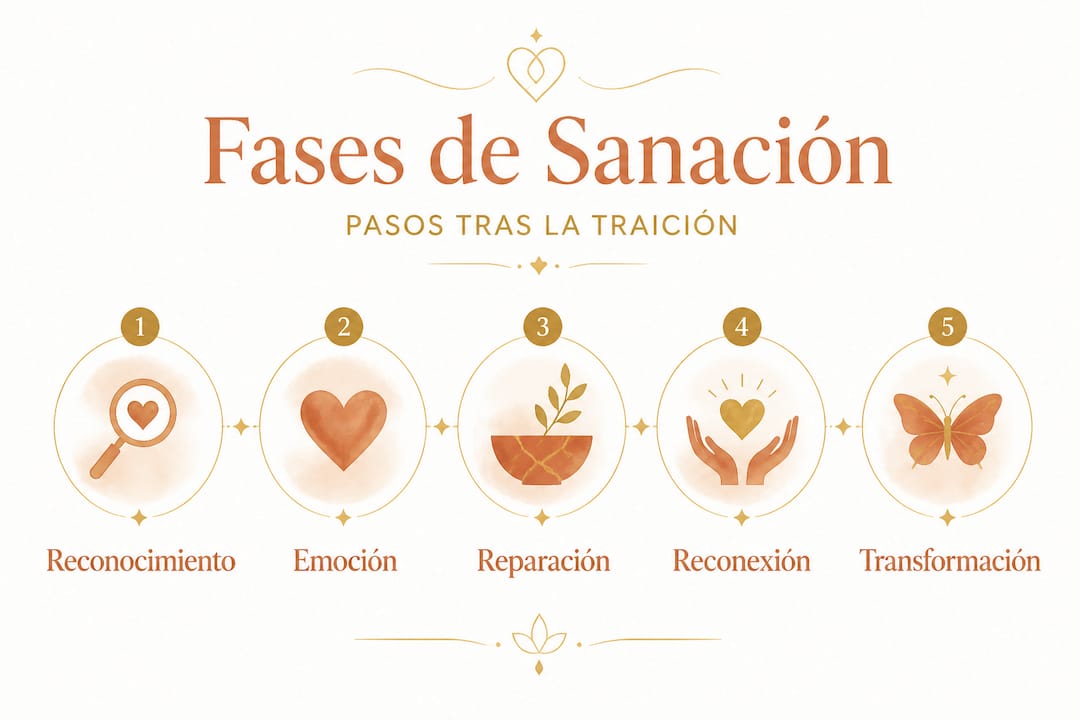 Infografía: cinco etapas clave para avanzar en tu proceso de sanación
