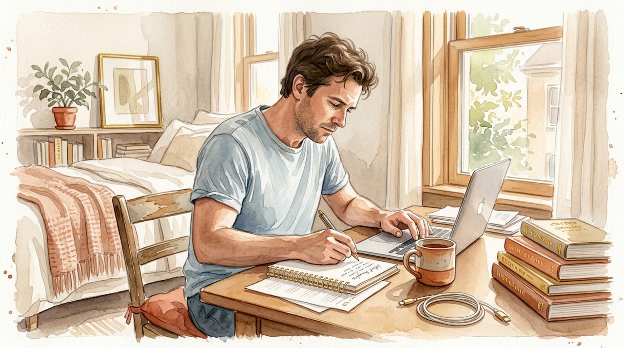 Man journaling at bedroom desk in morning