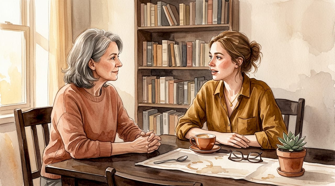 Charla cercana y comprensiva entre dos mujeres en la mesa del comedor