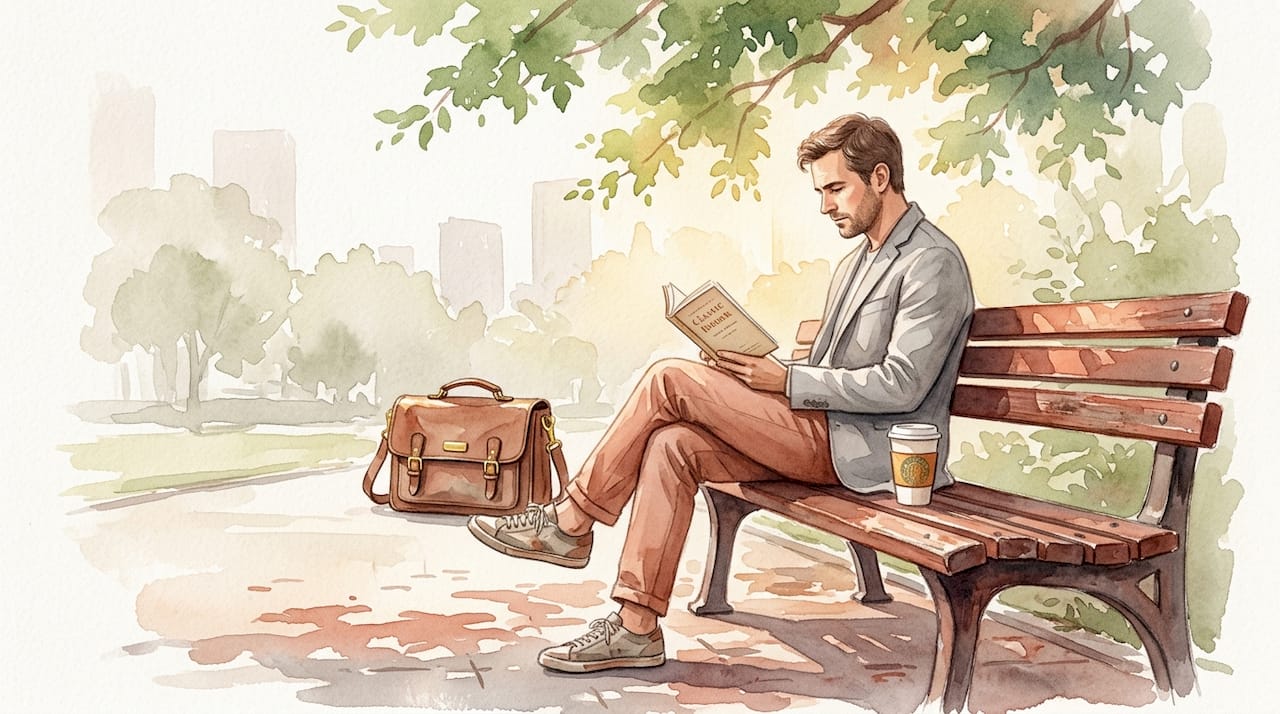 Man reading quietly on city park bench