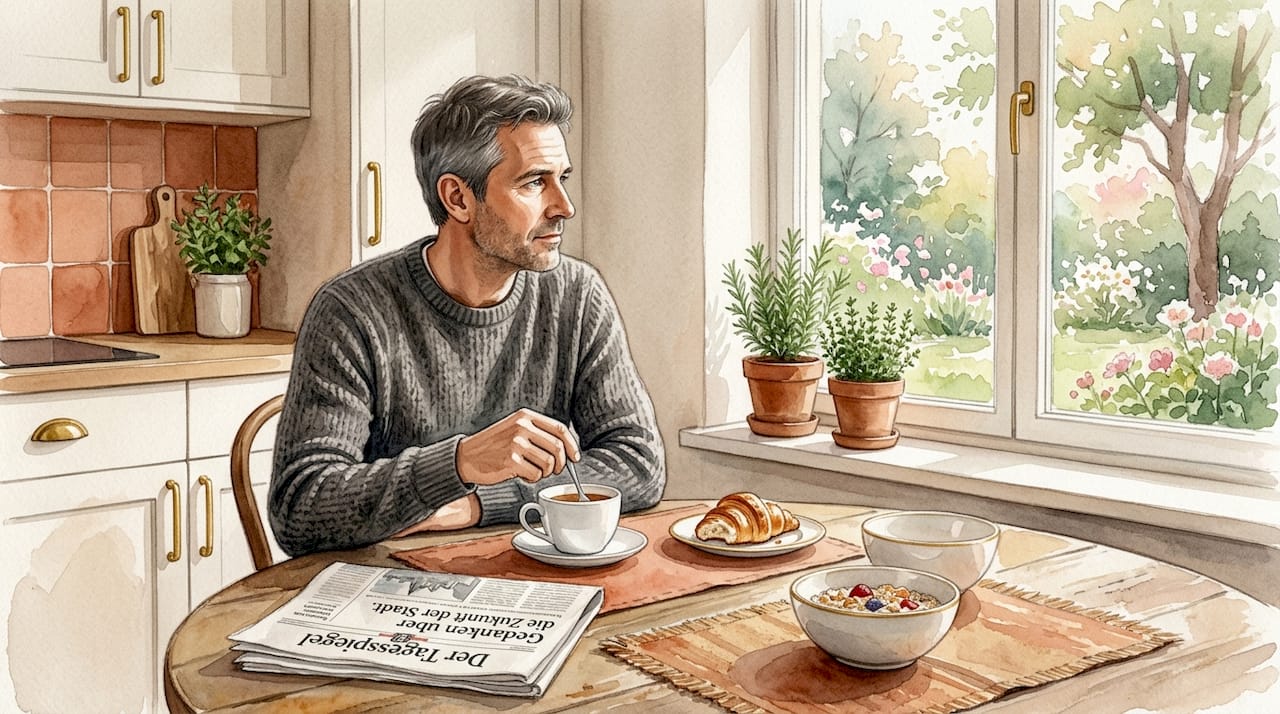 Ein Mann sitzt allein in der Küche und frühstückt.