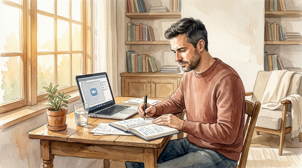 Man preparing therapy notes at kitchen table
