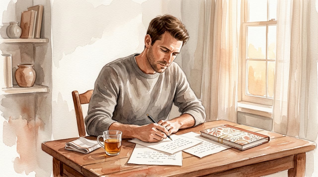 Man processing emotions at home office desk
