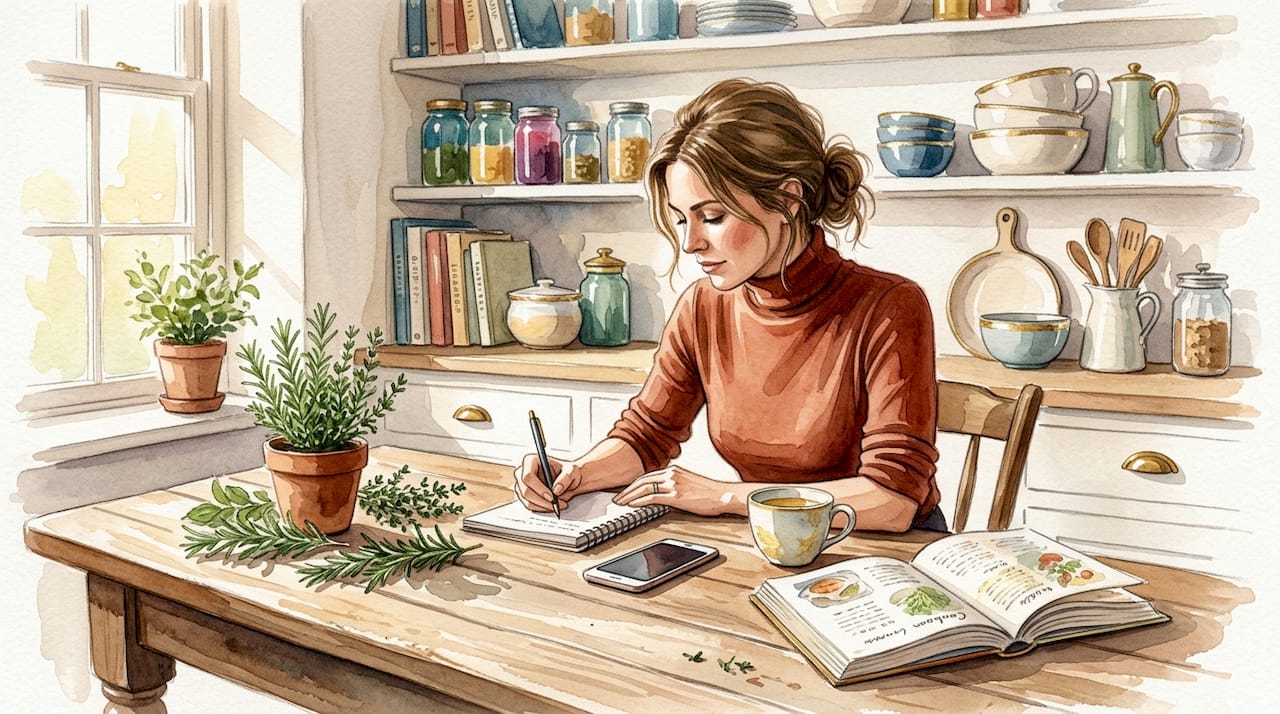 Woman journaling alone at kitchen table